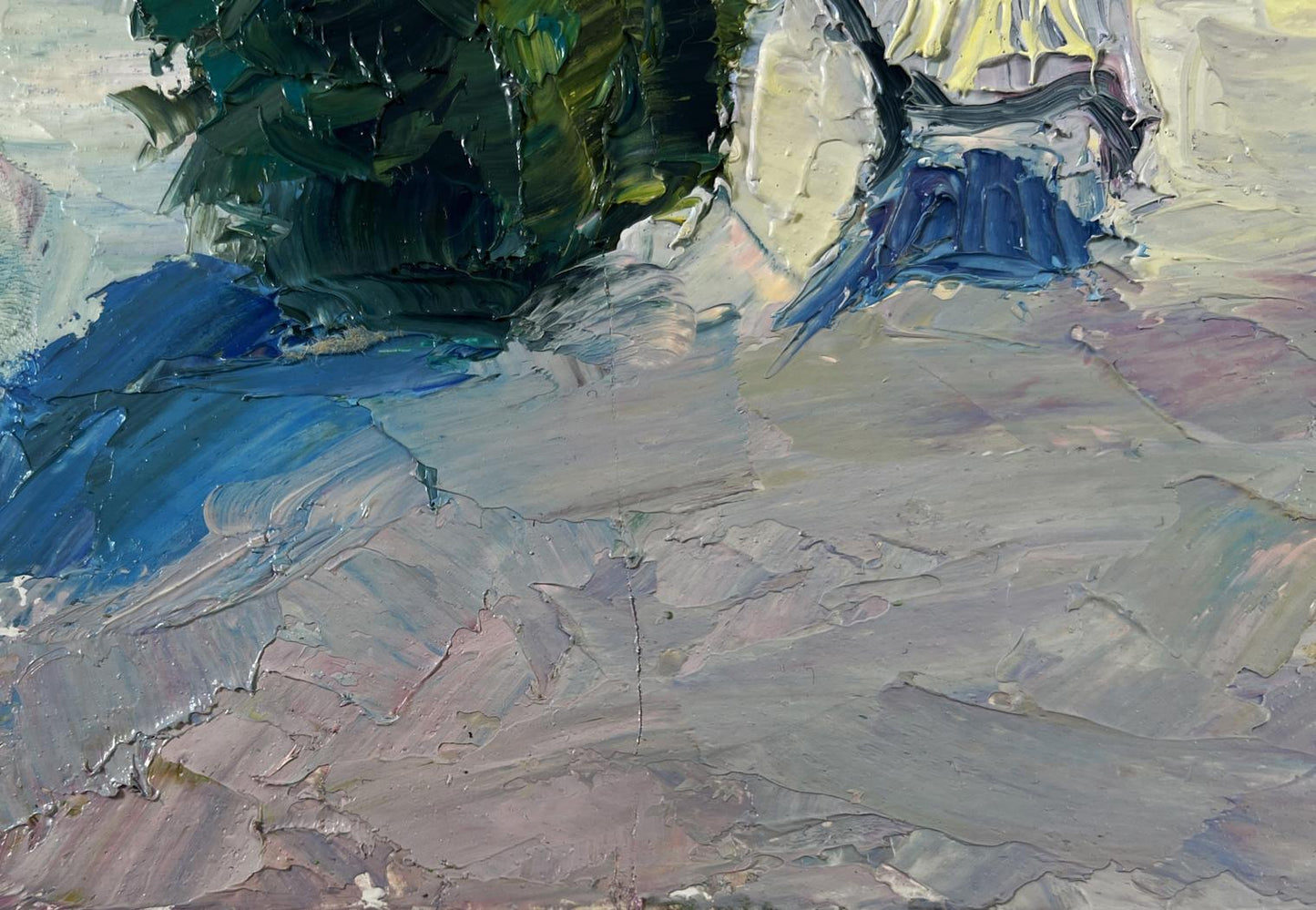 Textured oil painting Park before night by Boris Serdyuk, green blue impasto on gray