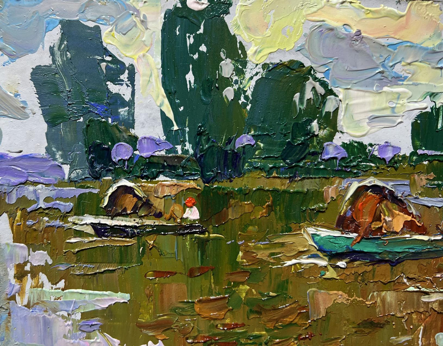 Impasto oil painting by Oleksiy Ivanyuk: boats transporting hay on serene lake