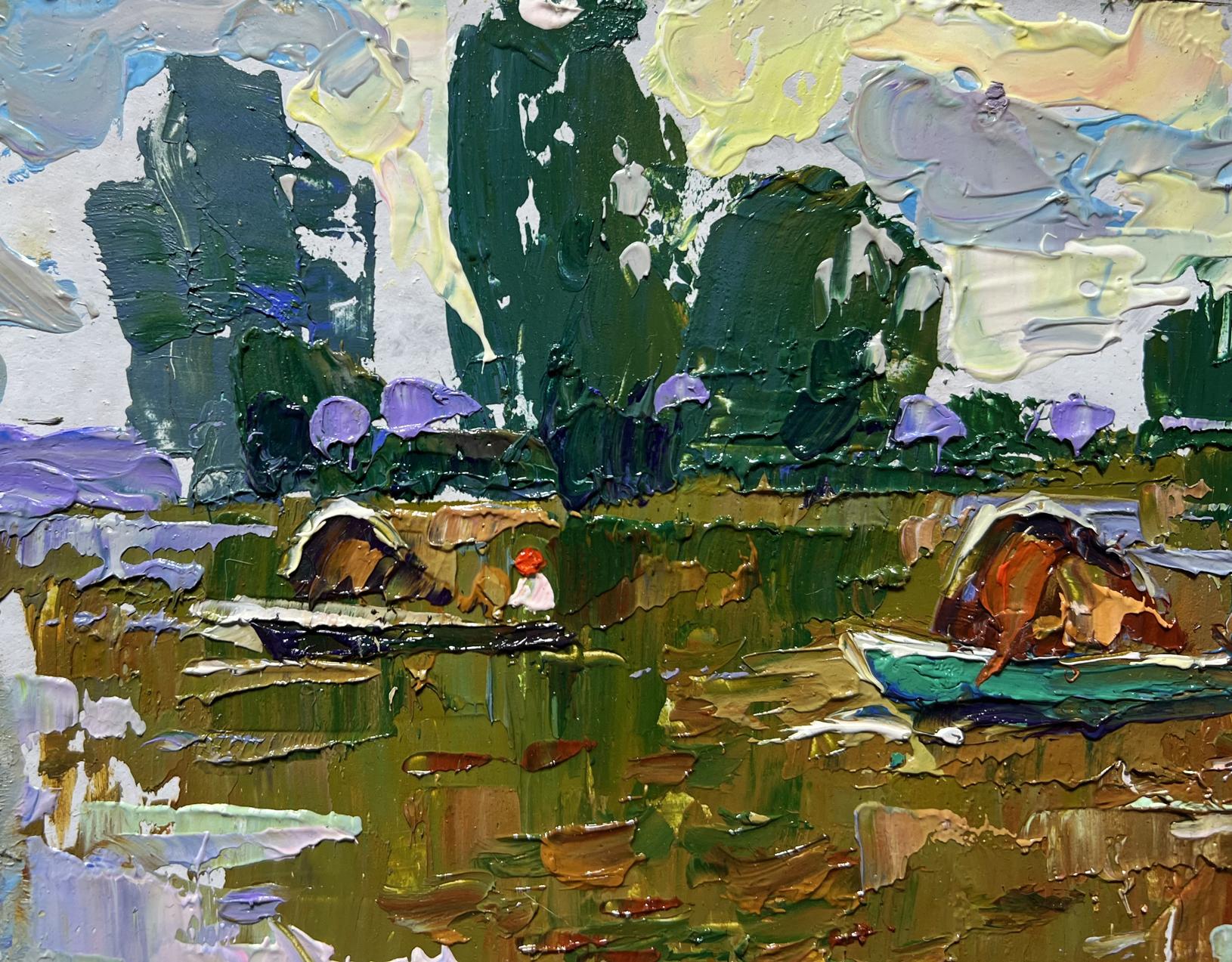 Impasto oil painting by Oleksiy Ivanyuk: boats transporting hay on serene lake