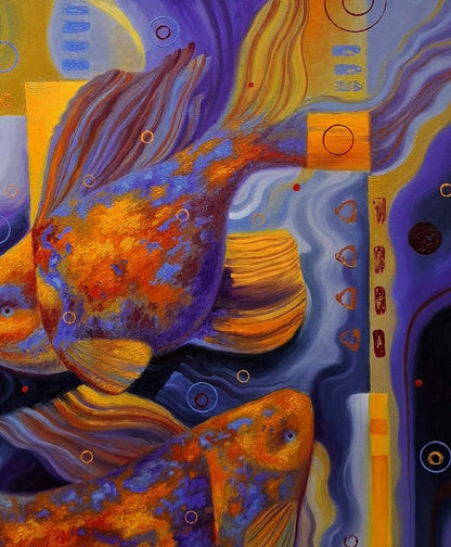 Vibrant oil painting by Sergiy Voichenko: stylized fish in orange, purple, gold hues