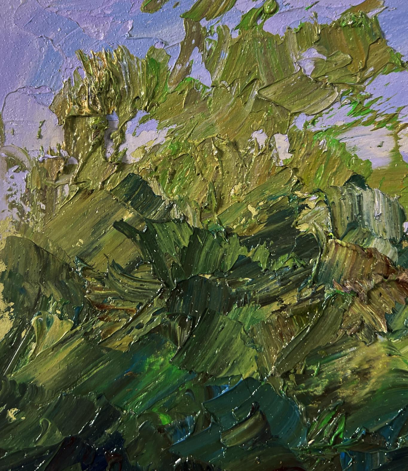 Oil painting of trees near pond by Boris Serdyuk, textured green foliage, purple sky