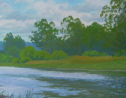 Oil painting On the summer lake by Valery Savenets serene river scene