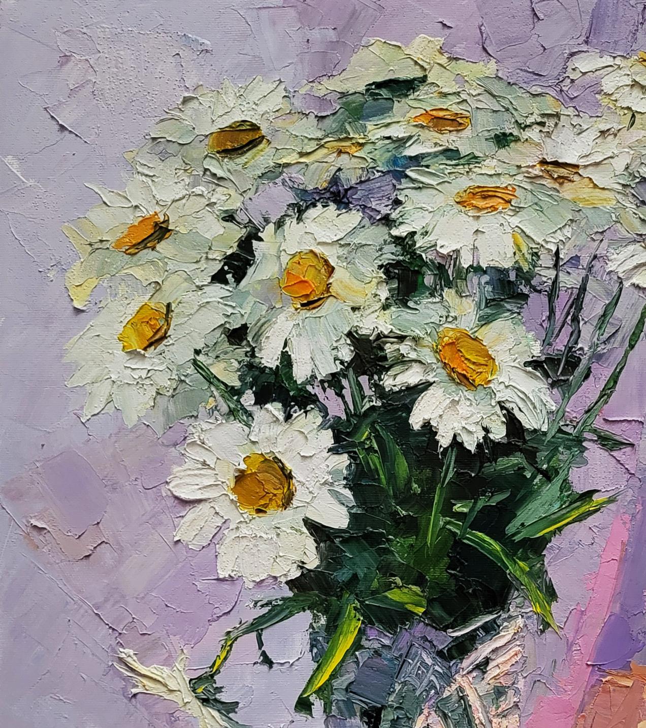 Oil painting of Boris Serdyuk bouquet of white daisies vibrant impasto