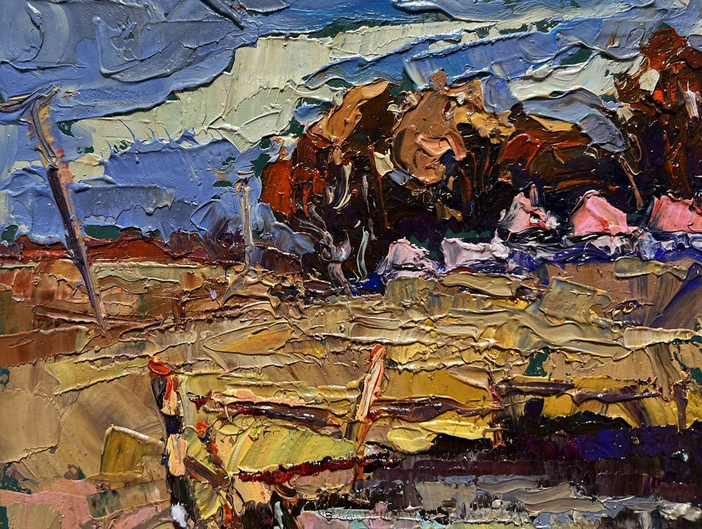 Impasto oil painting of pond near village by Oksana Ivanyuk