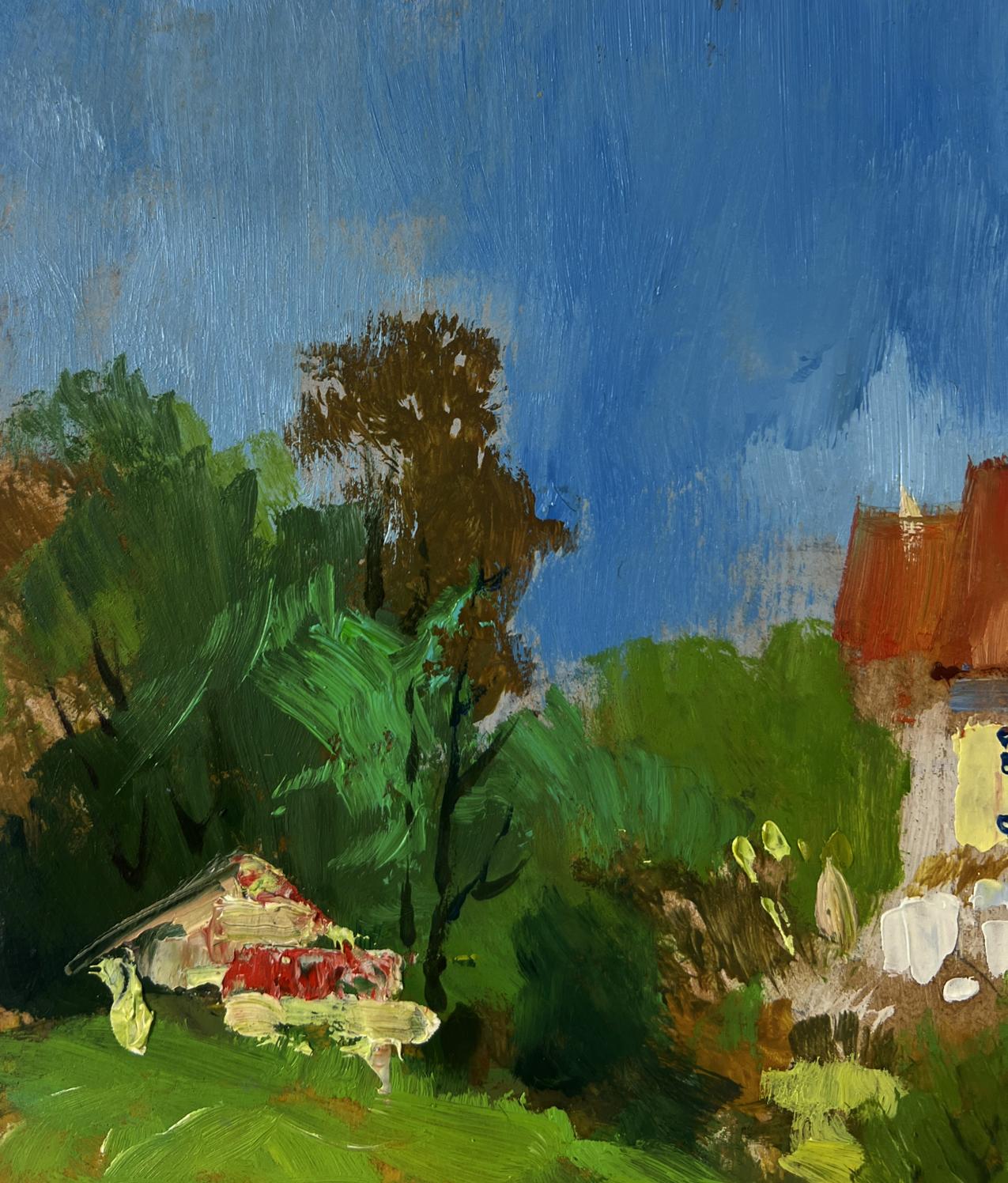 Oil painting by Yuriy Suprunchuk: castle over steppe with green trees and red house