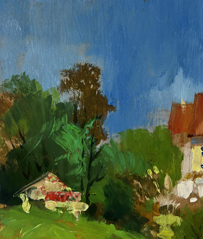 Oil painting by Yuriy Suprunchuk: castle over steppe with green trees and red house