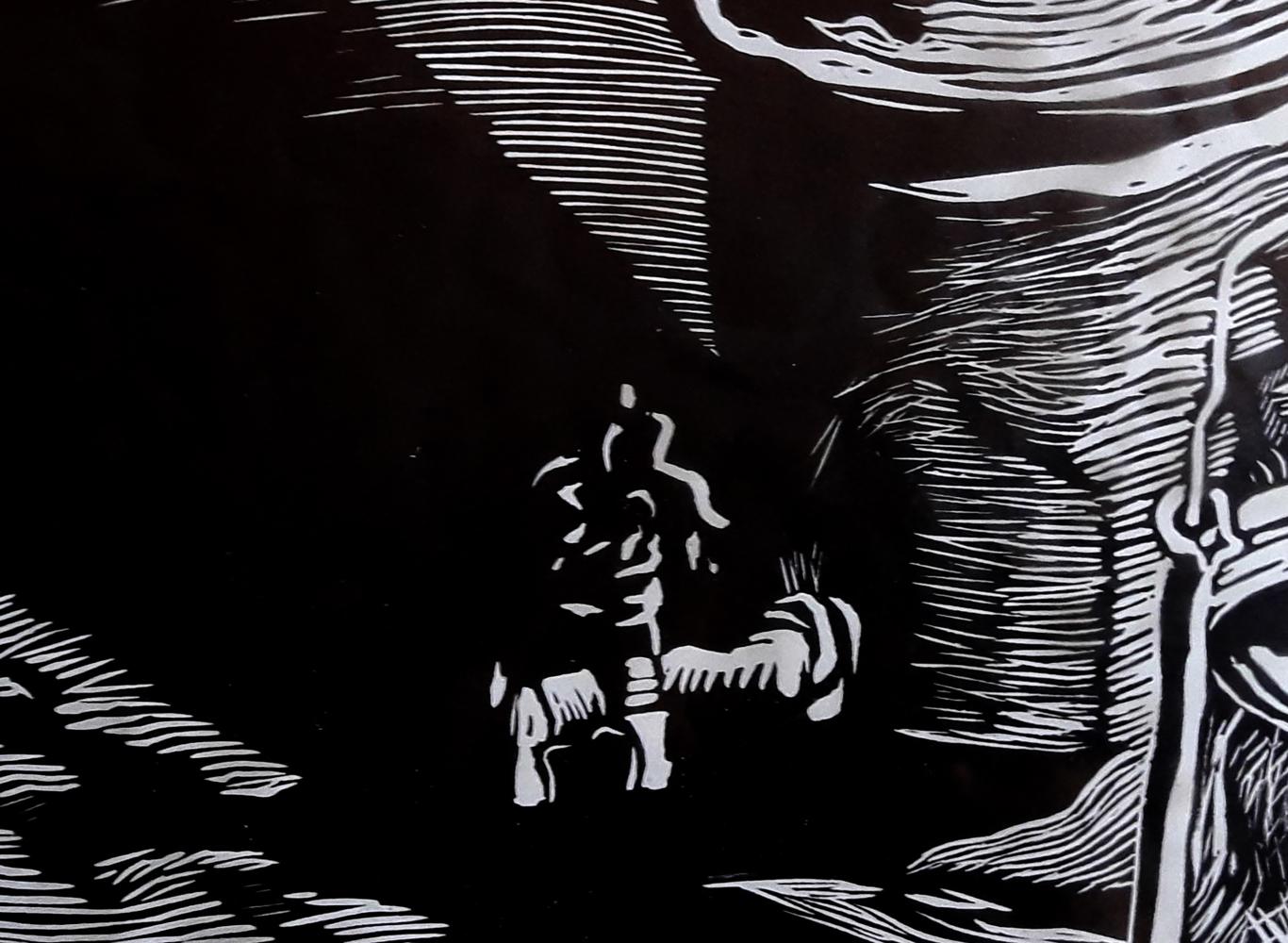 Black and white linocut of figure holding samovar in Vasily Korkishko still life