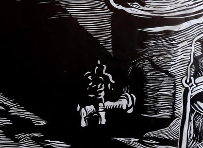 Black and white linocut of figure holding samovar in Vasily Korkishko still life