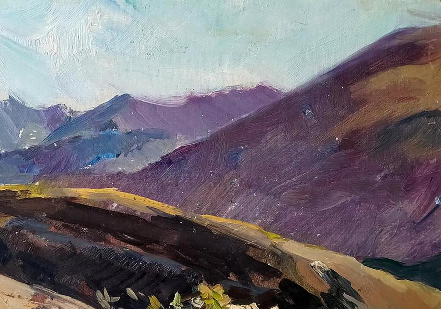 Textured oil painting of purple brown mountains and valley houses by Oleksandr Andreev