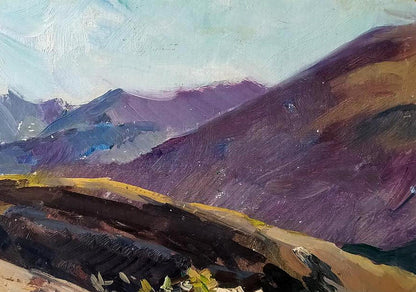 Textured oil painting of purple brown mountains and valley houses by Oleksandr Andreev
