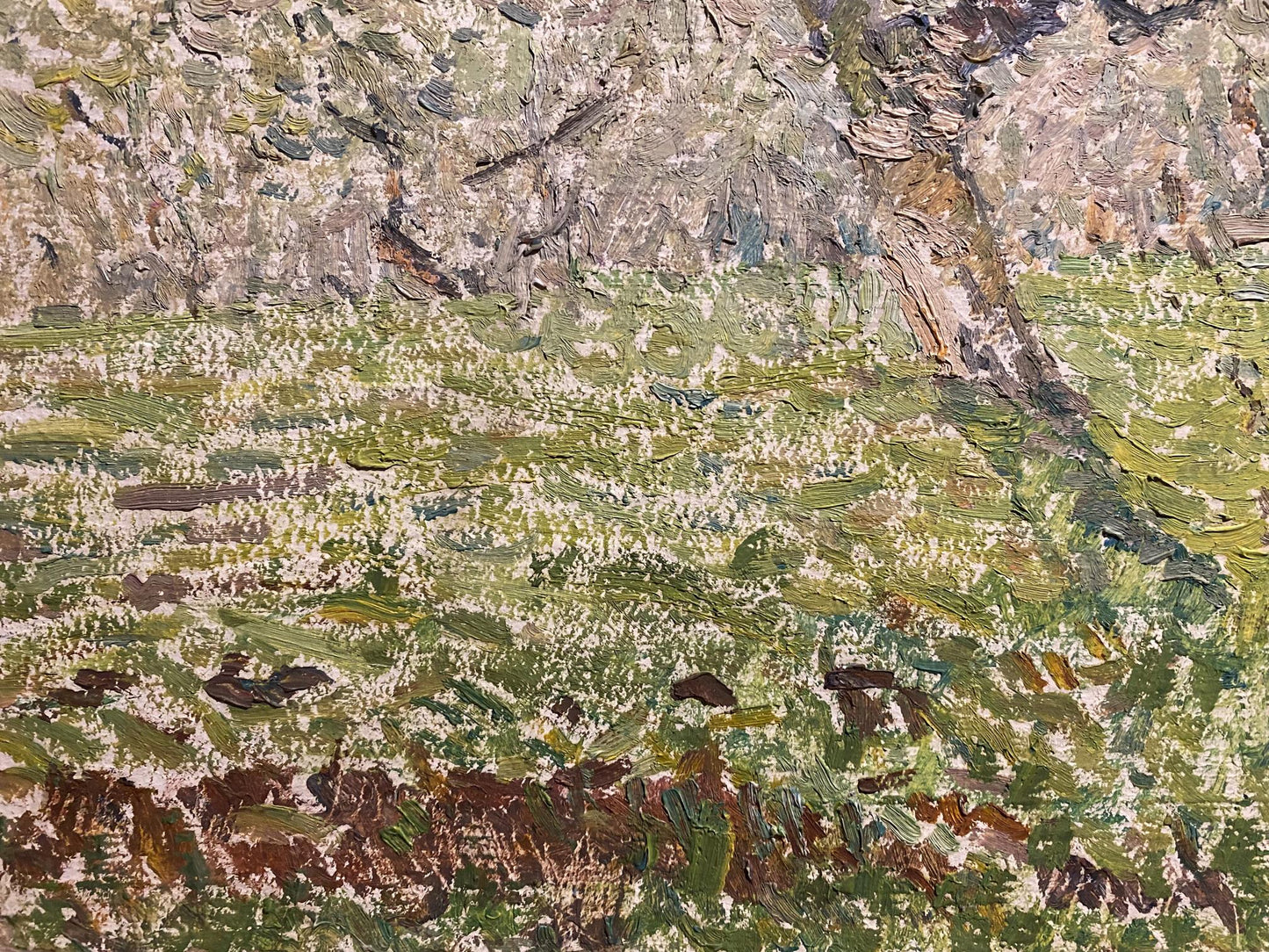 Oil painting Spring by Viktor Sevastiyanov: textured field with green grass, white flowers, overcast sky