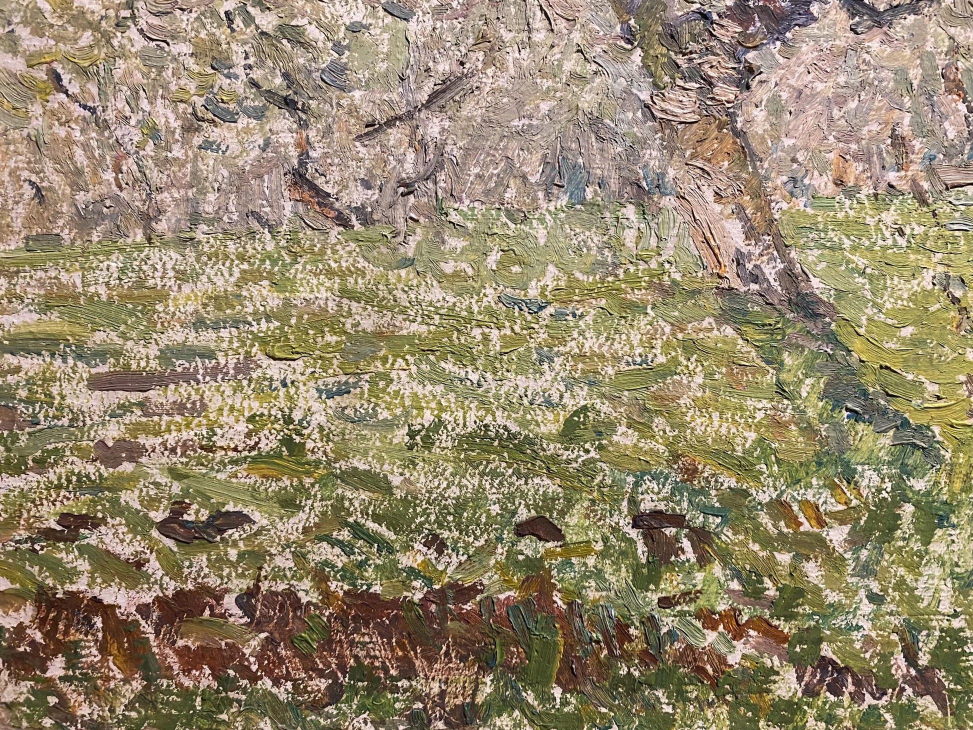 Oil painting Spring by Viktor Sevastiyanov: textured field with green grass, white flowers, overcast sky