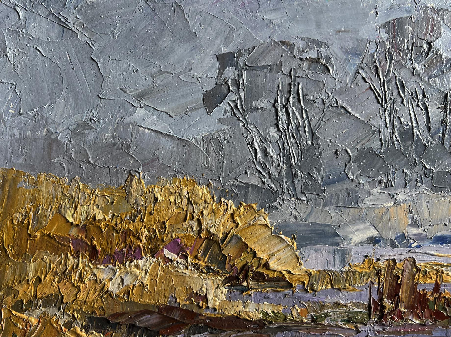 Oil painting Morning Frosts by Boris Serdyuk with gray-gold impasto landscape