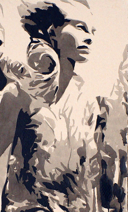 Stylized monochrome ink portrait of woman in profile by Dima Filatov
