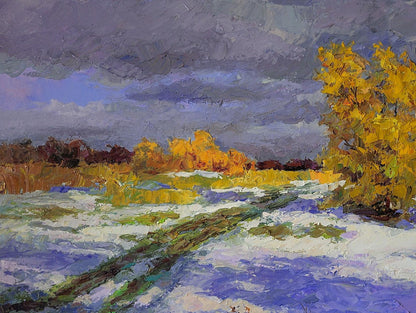 Oil painting Unexpected Snow by Boris Serdyuk: snowy landscape with yellow autumn trees