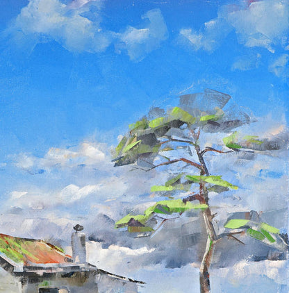 Oil painting of tall pine tree by Volodymyr Gluhomanyuk