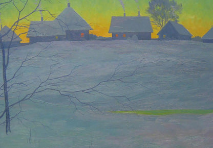 Serene winter evening oil painting by Valery Savenets, snow houses glowing