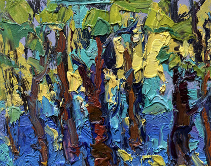 Vibrant impressionist oil painting A walk through the morning forest by Oksana Ivanyuk
