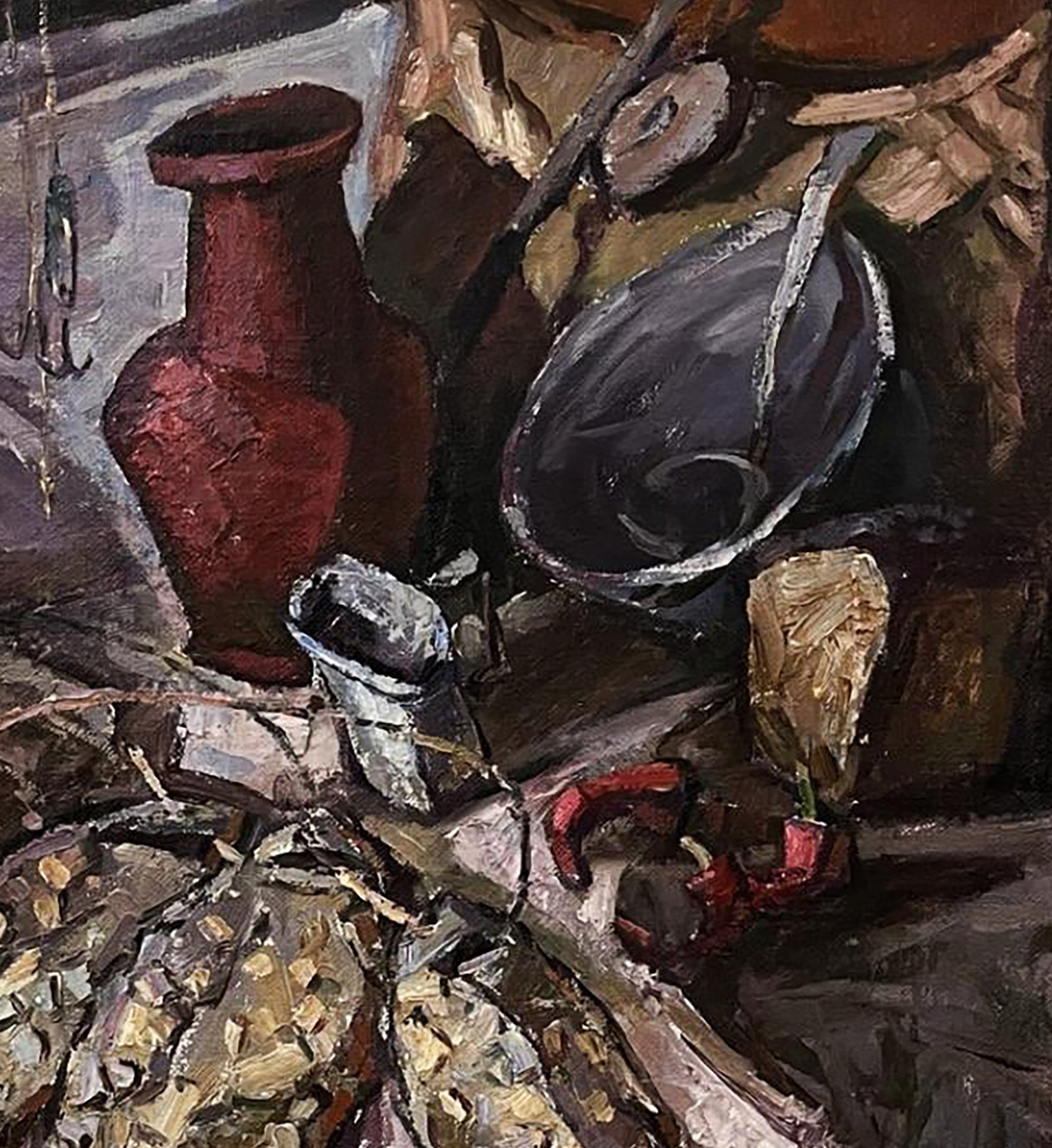 Textured deep red ceramic vase with flared rim in Oleksandr Andreev still life