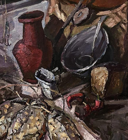 Textured deep red ceramic vase with flared rim in Oleksandr Andreev still life