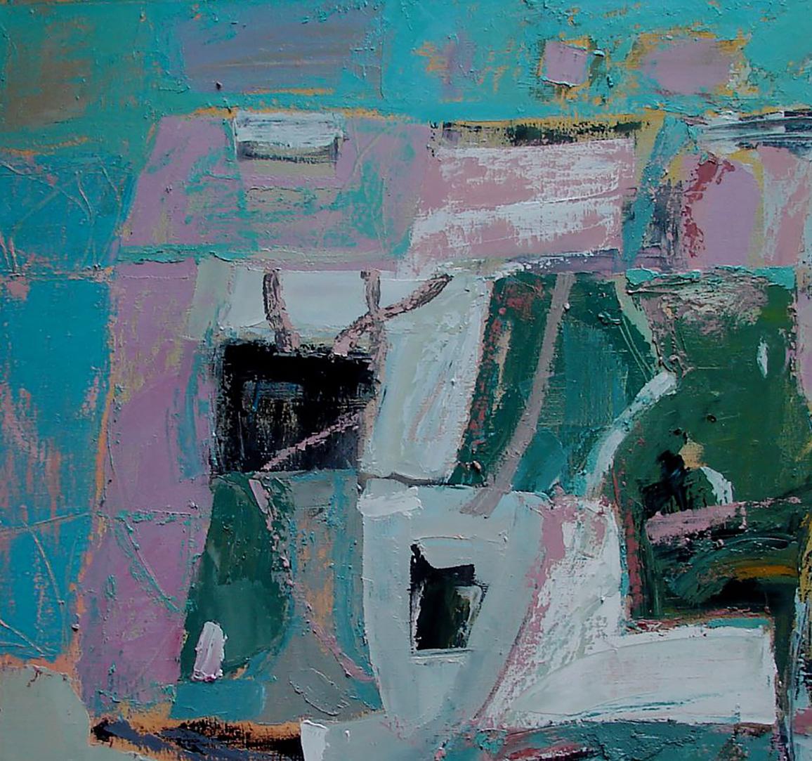 Abstract Adriatic Cubism oil painting by Tatyana Shulyak in teal, pink, green, white