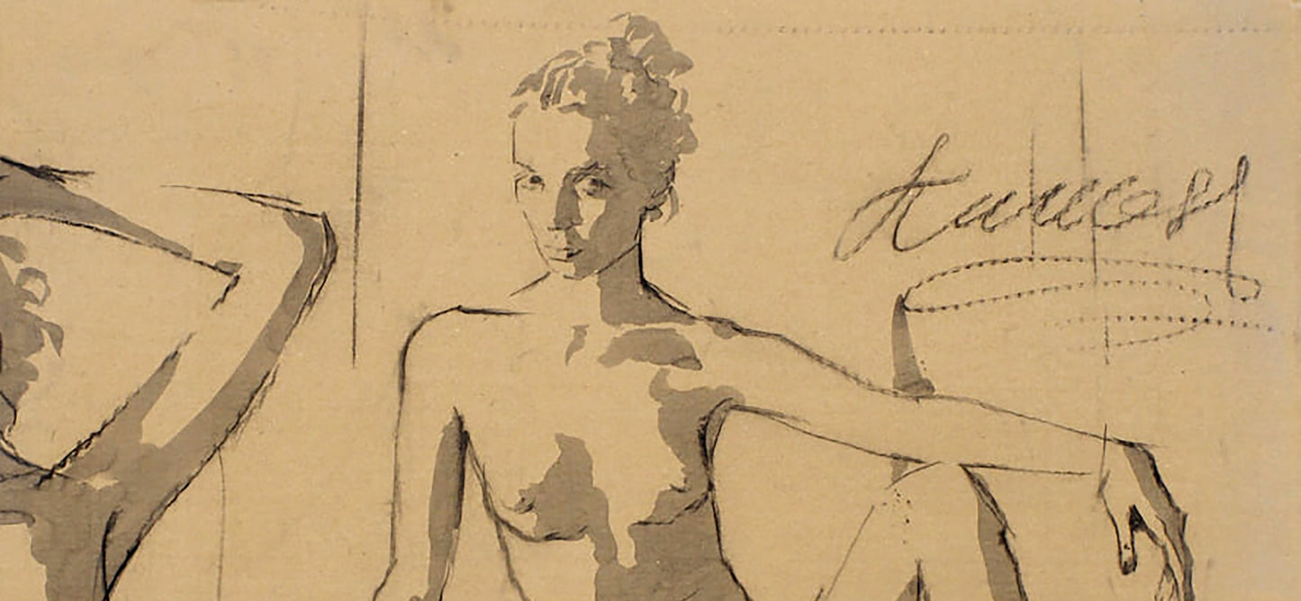 Graphite figure sketch by Dima Filatov: curly-haired woman on aged paper
