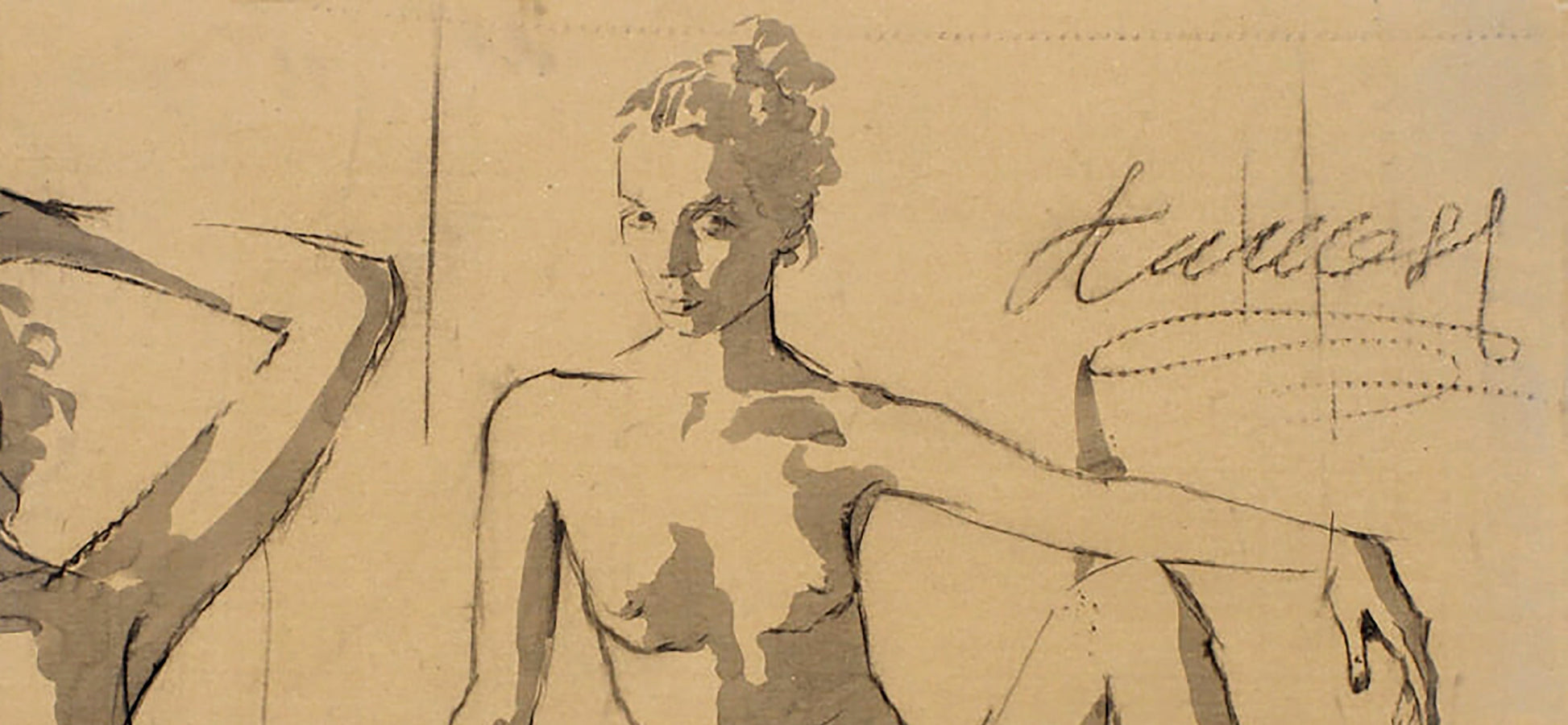 Graphite figure sketch by Dima Filatov: curly-haired woman on aged paper
