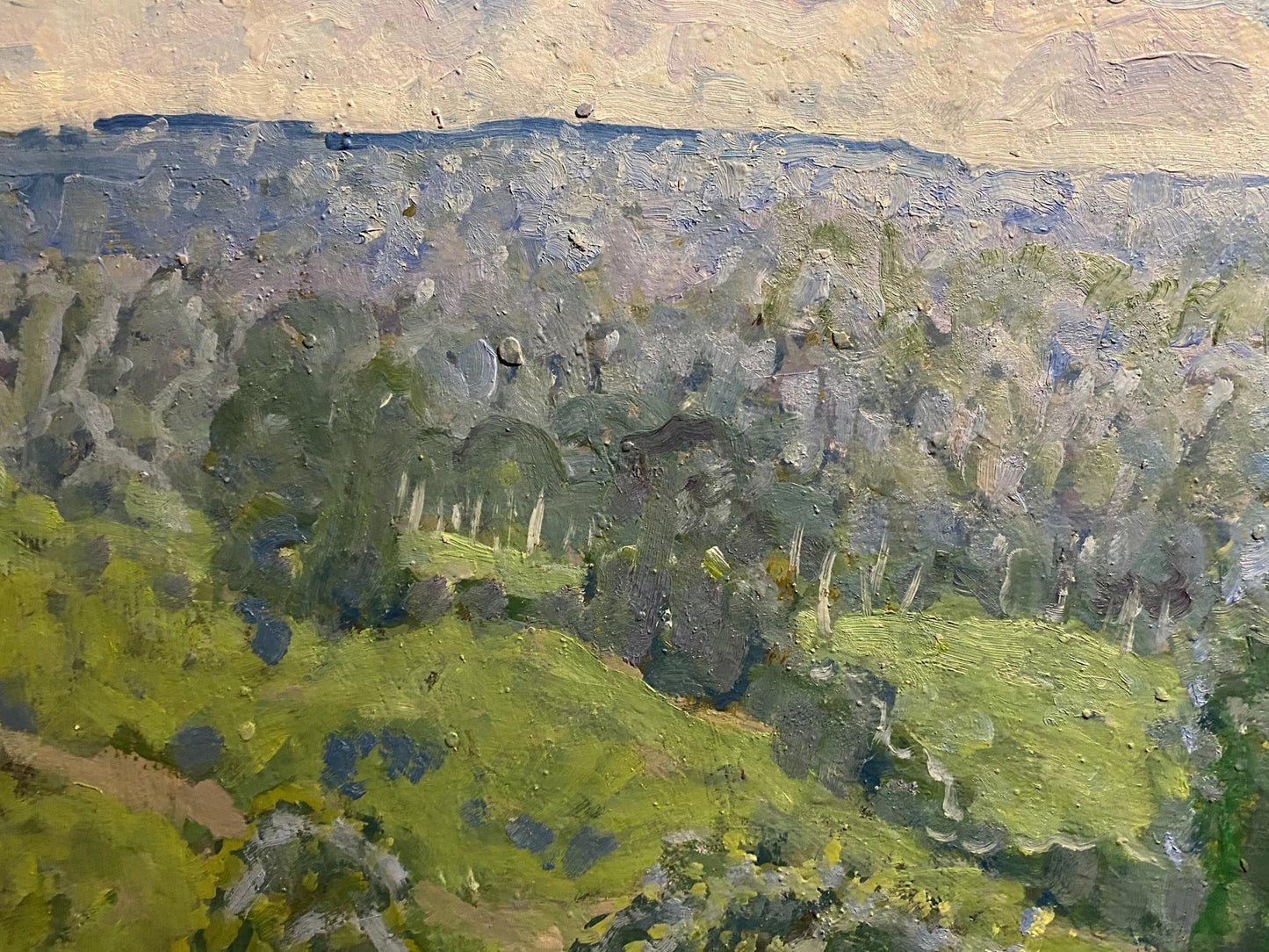 Textured oil painting of Georgy Kolosovsky forest glades hillside