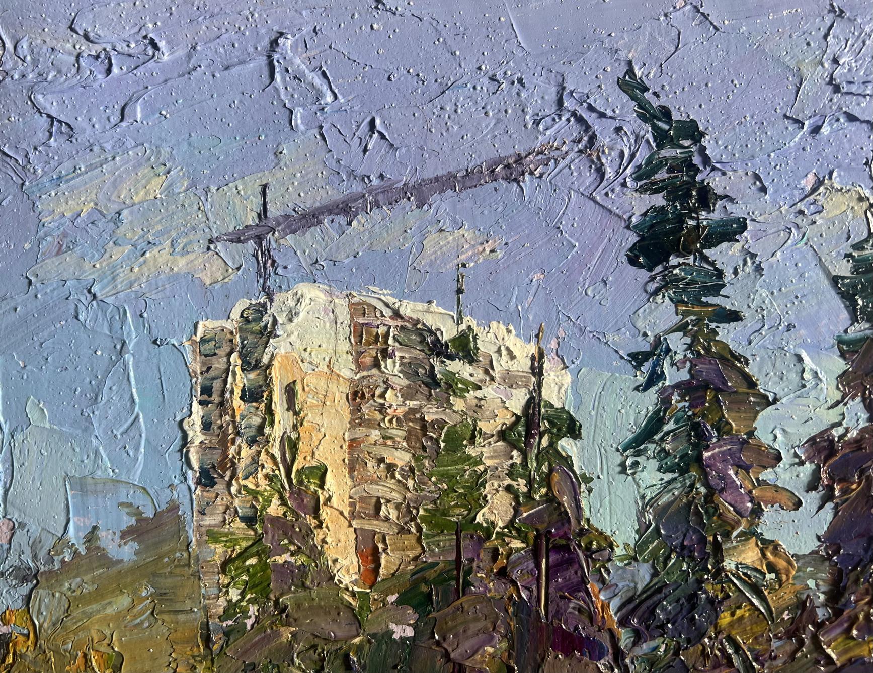 Oil painting of weathered stone tower in summer city park by Boris Serdyuk