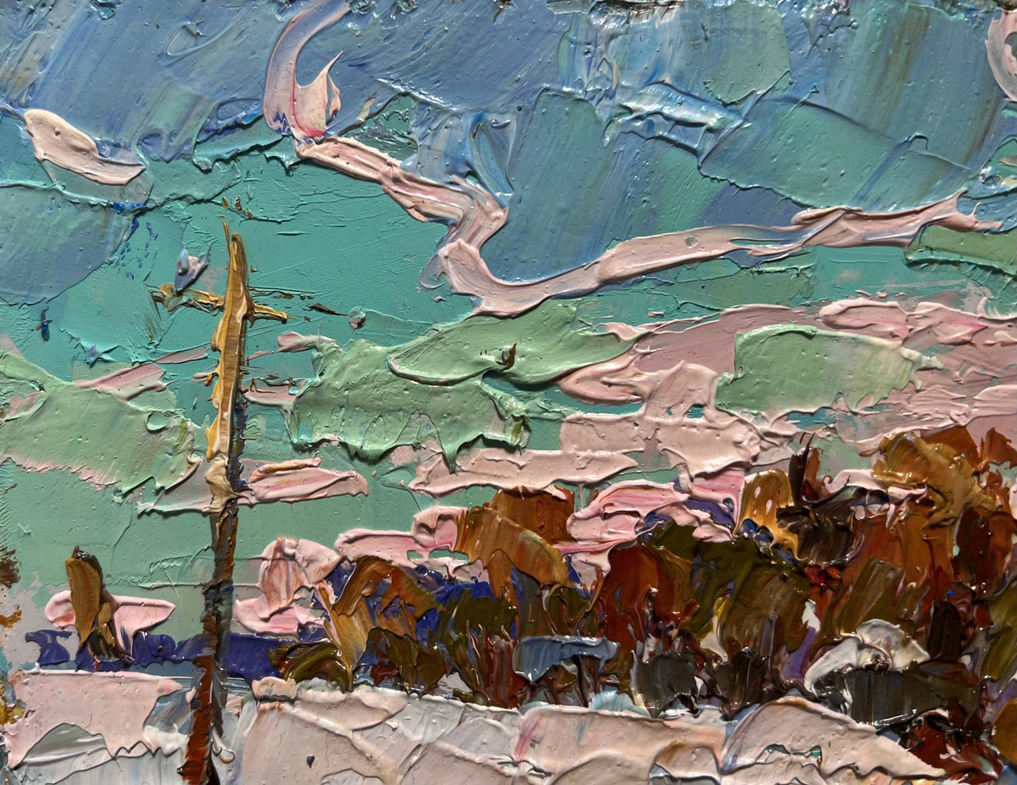 Oil painting After the Night Snow Storm by Oksana Ivanyuk with teal trees