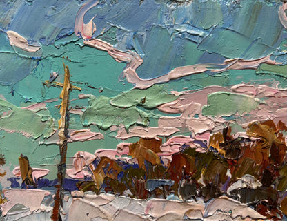 Oil painting After the Night Snow Storm by Oksana Ivanyuk with teal trees