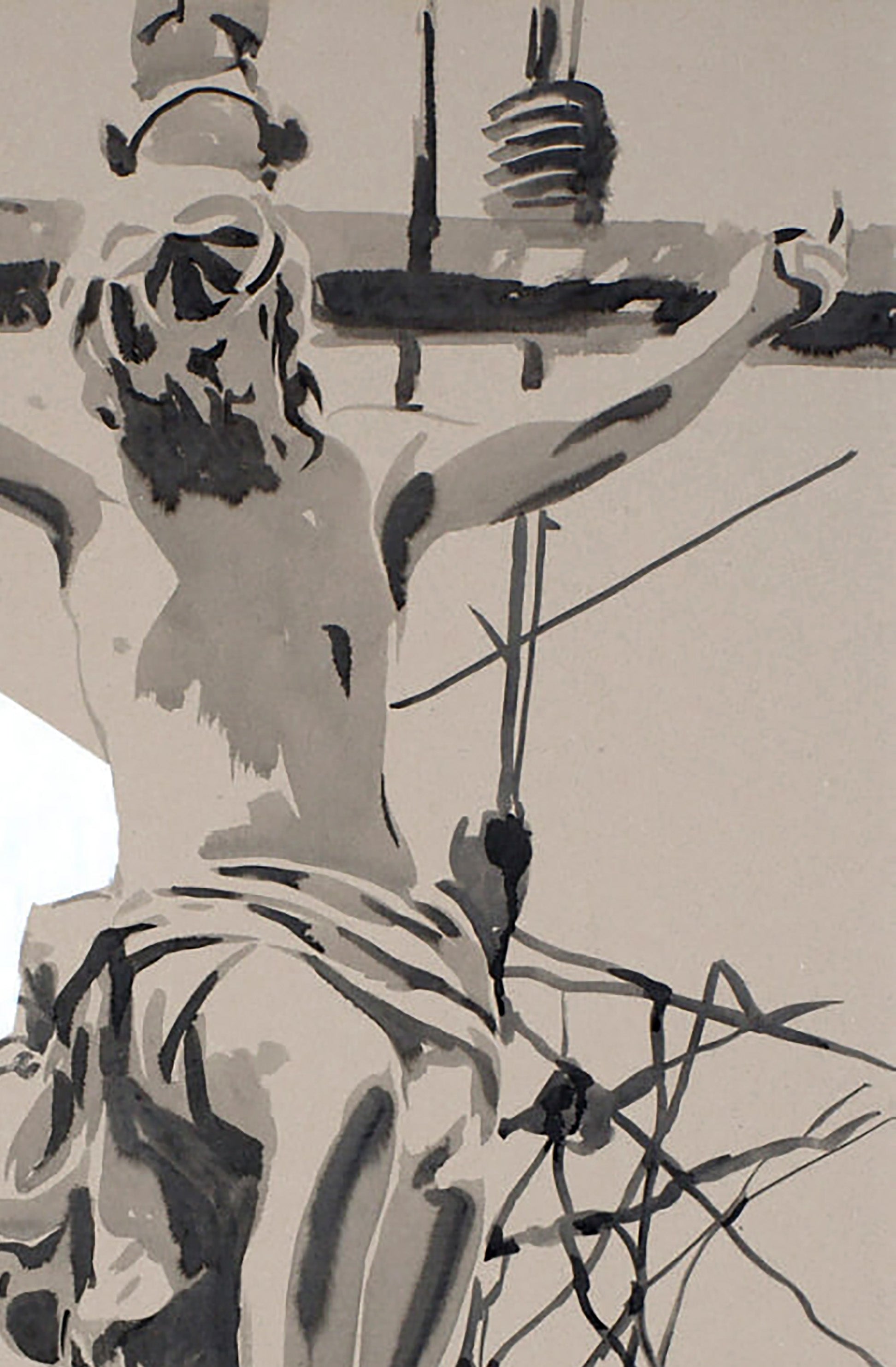 Black and white acrylic painting of crucified figure by Dima Filatov