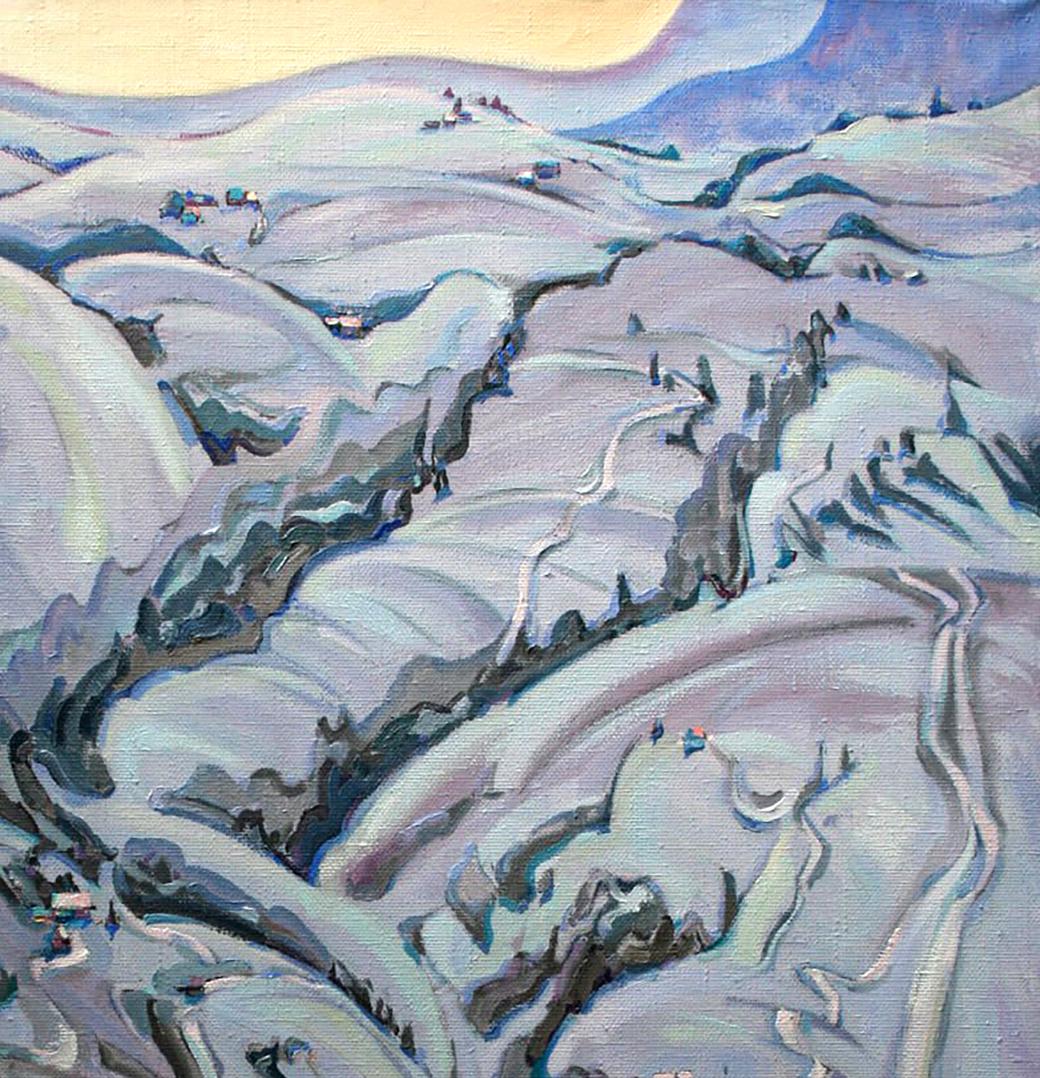Textured oil painting by Leonid Pavlenko: snowy hills under yellow sky