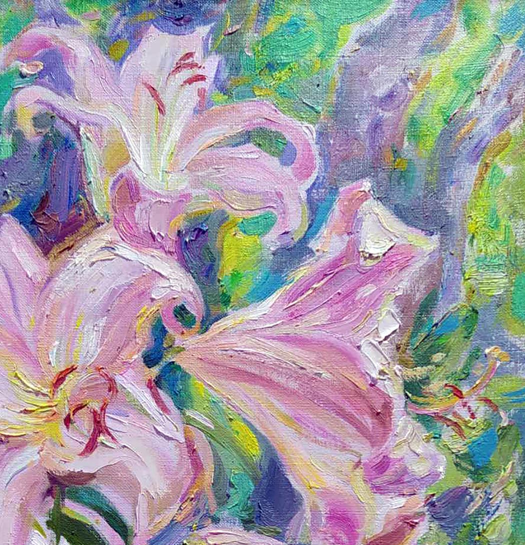 Vibrant oil painting of pink lilies by Leonid Pavlenko with impasto strokes