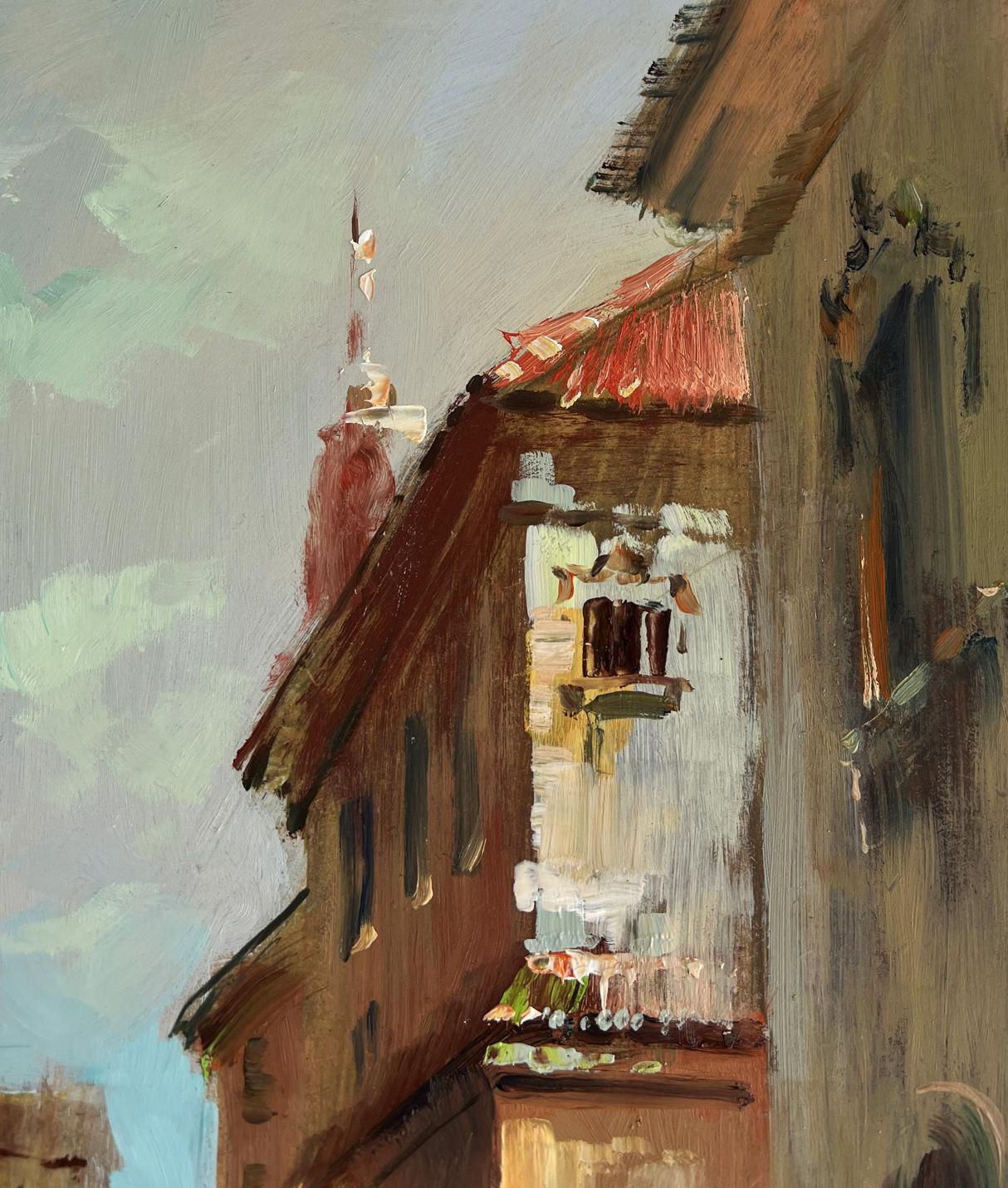 Oil painting of busy Venice streets by Yuriy Suprunchuk, rustic red roofs