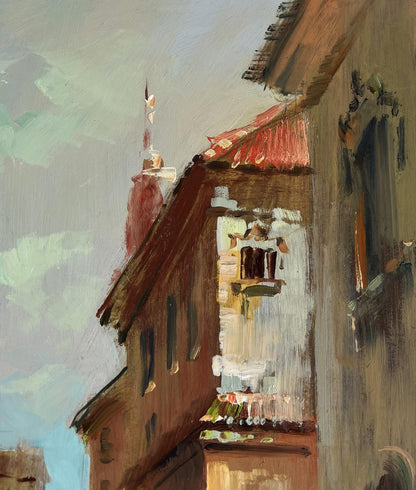 Oil painting of busy Venice streets by Yuriy Suprunchuk, rustic red roofs
