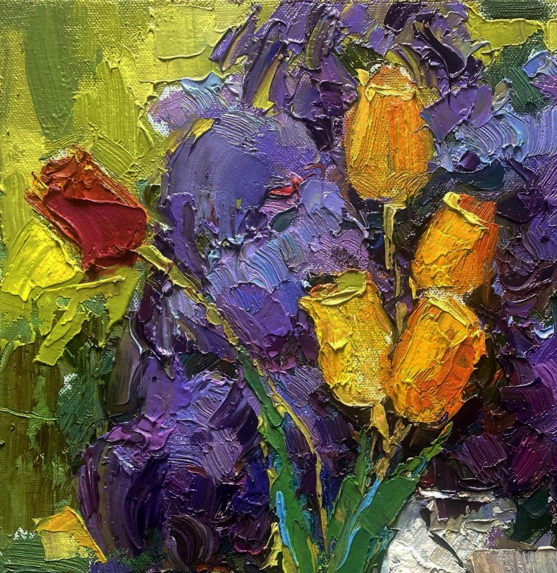 Oil painting Rays of light on lilac petals by Oksana Ivanyuk with tulips