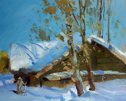 Snow-covered wooden cabin after night snowfall by Yuriy Suprunchuk oil painting