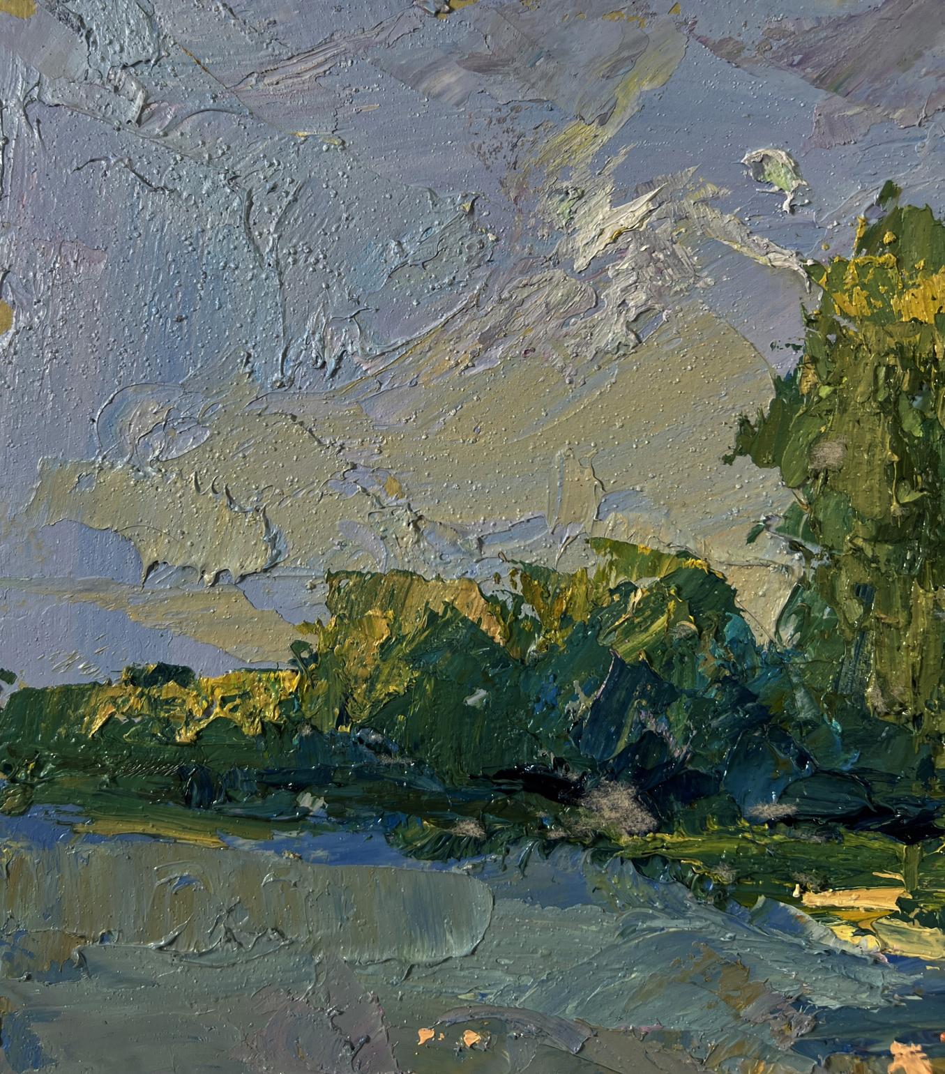 Impasto oil landscape by Boris Serdyuk: people relaxing on river