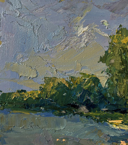 Impasto oil landscape by Boris Serdyuk: people relaxing on river