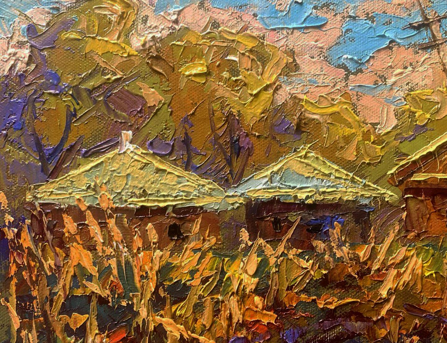 Impasto oil painting by Oleksiy Ivanyuk: sunset over ancestral hill with rustic houses