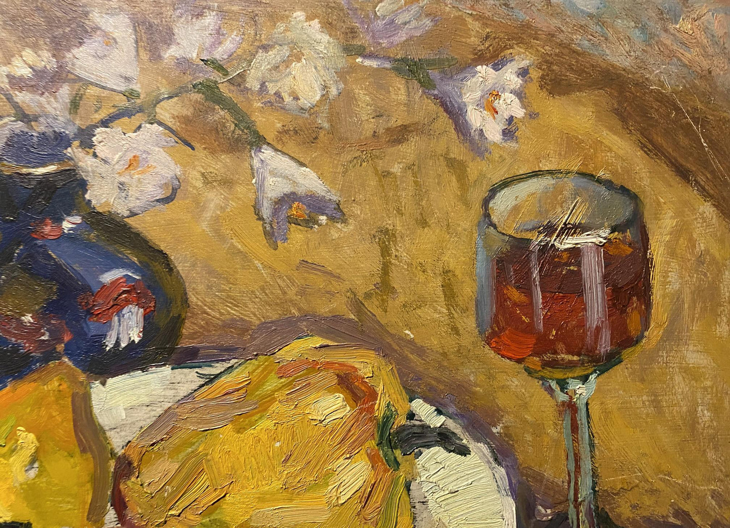 Oil painting Morning Breakfast by Stanislav Petrashevsky with red wine glass