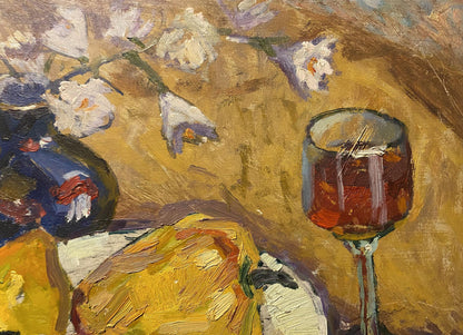 Oil painting Morning Breakfast by Stanislav Petrashevsky with red wine glass