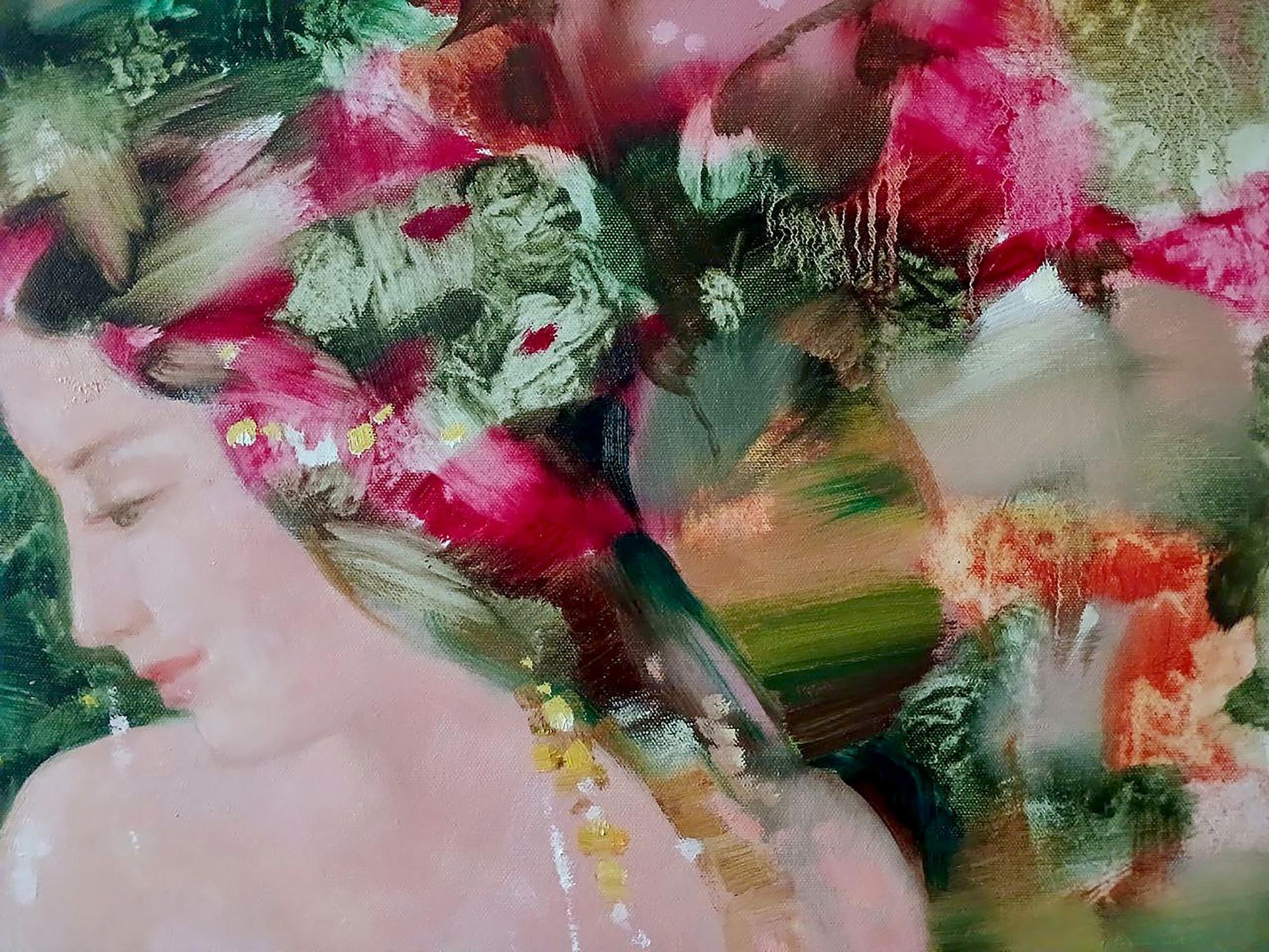 Abstract oil painting Eve by Anatoly Tarabanov: vibrant womans profile with pink green florals