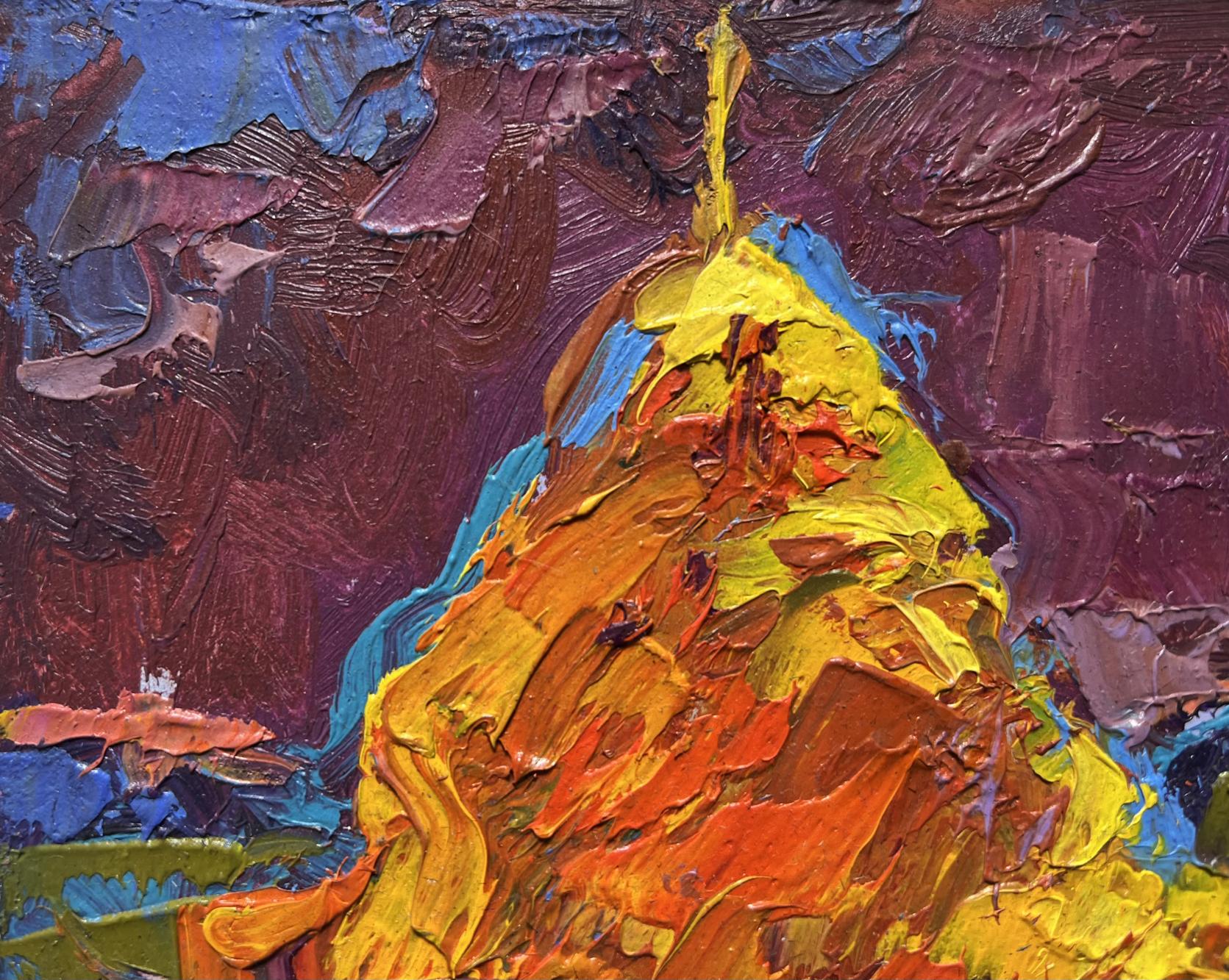 Vibrant textured oil painting of pear by Oleksiy Ivanyuk, impasto yellow orange on purple