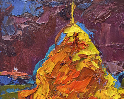 Vibrant textured oil painting of pear by Oleksiy Ivanyuk, impasto yellow orange on purple