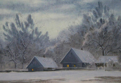 Watercolor painting of snow-covered winter village by Valery Savenets