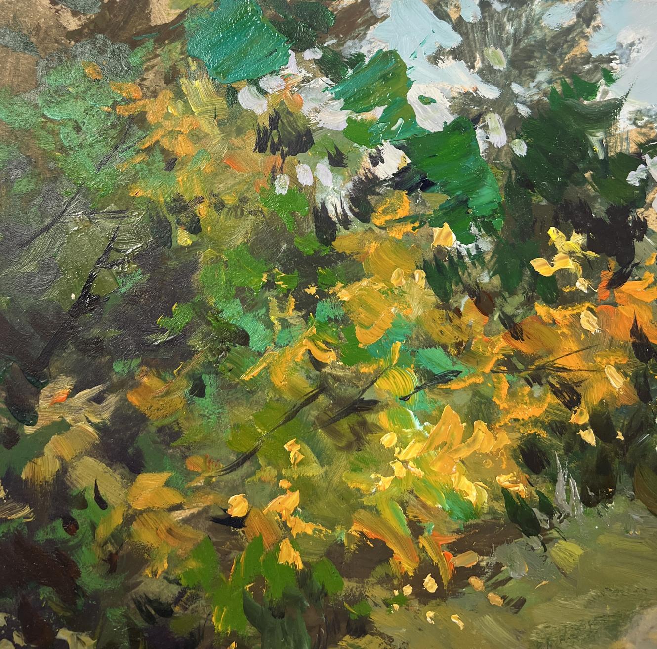 Vibrant impressionist oil painting of forest path by Yuriy Suprunchuk