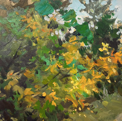 Vibrant impressionist oil painting of forest path by Yuriy Suprunchuk