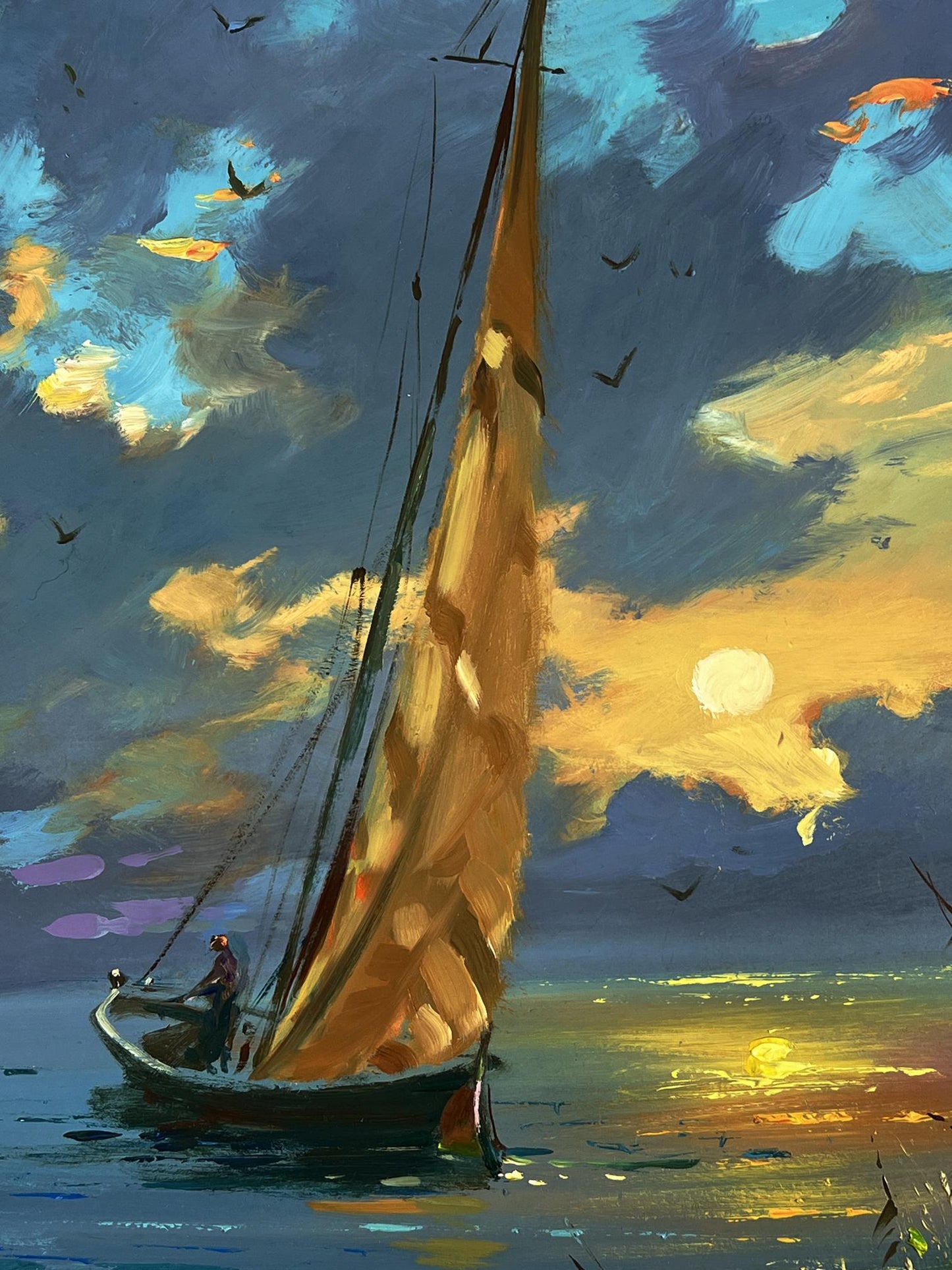 Oil painting of sailboat at sunset by Yuriy Suprunchuk